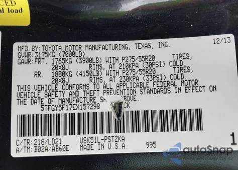 2014 Toyota Tundra 1794 5.7L V8 z USA, uszkodzony, nr VIN 5TFGY5F17EX157298